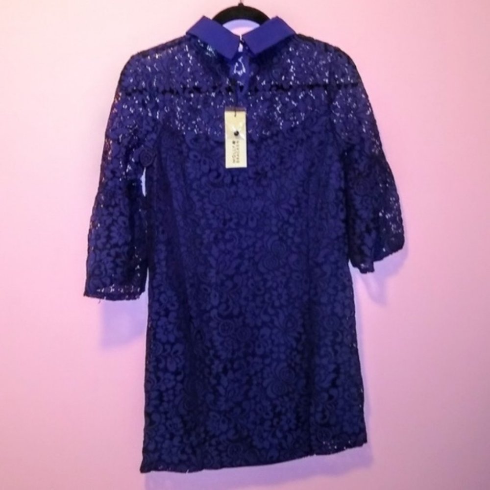 Boutique French Lace Navy Blue Collar Shift Dress - Picture 4 of 8